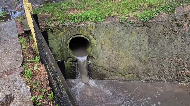 Close Up of Storm Drain Pipe During Heavy Rain in Urban Canal