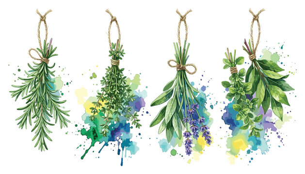 Herbs hanging bundle vector illustration dried rosemary thyme sage lavender bunches watercolor art.
