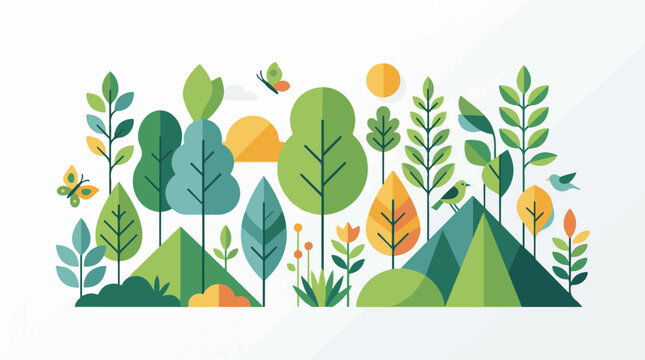 A vibrant graphic illustration of a lush forest landscape with various trees, plants, and wildlife