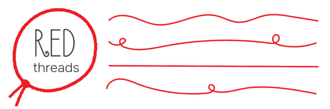 Hand drawn red thread  set. Yarn bracelet and doodle curved lines. Expressing love, connection, and being together. Vector