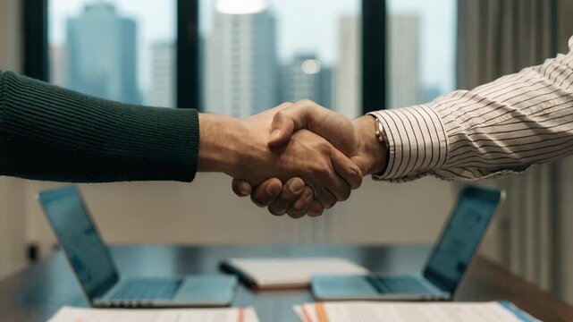 Sharp focus on a handshake over the conference table with deal documents and laptops out of focus symbolizing agreement finalization in an MA signing meeting.