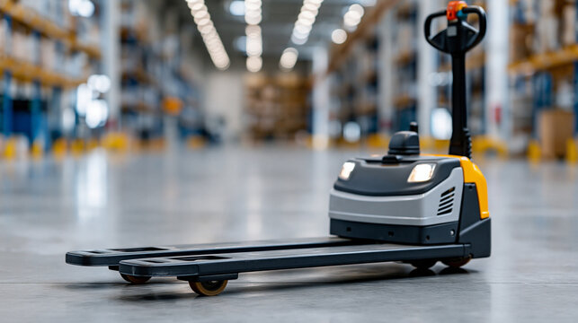 A pristine, unbranded heavy-duty pallet jack sitting in the middle of a perfectly clean, empty industrial floor. The composition is minimalist and spacious. Vintage film style, sof