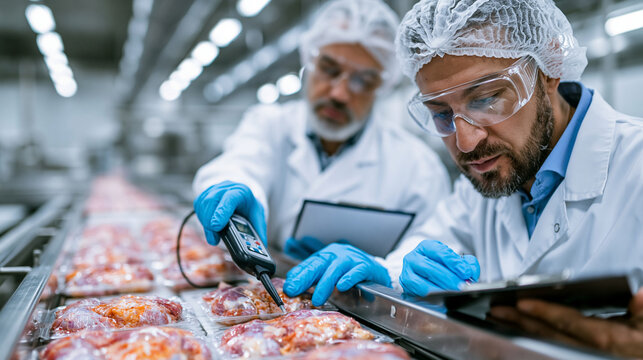 A realistic commercial stock photo of a quality control team inspecting a poultry processing conveyor in a cold hygienic manufacturing facility, two adult staff members wearing whi
