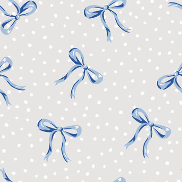 Christmas seamless pattern, blue bows, snow, gray background. Vector illustration. Decorative design. Season greeting. Winter xmas holidays