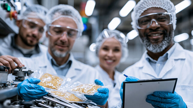A realistic commercial stock photo of a diverse quality control team of three adults at a dry pasta packaging facility, all wearing white sterile uniforms, disposable hairnets, cle