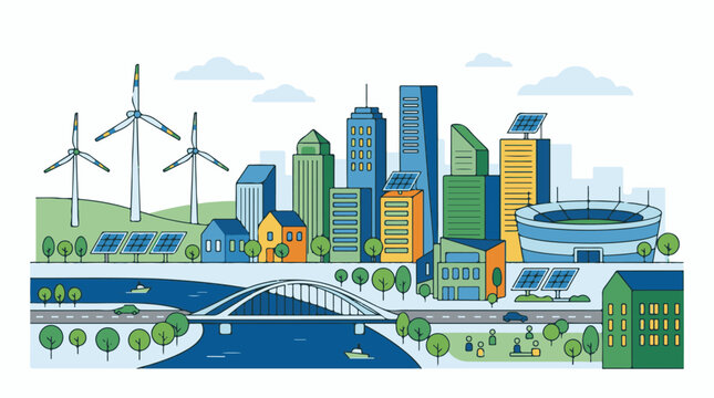 A vibrant cityscape with wind turbines, solar panels, and diverse buildings