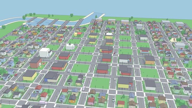 Low poly city cars traffic houses map able to loop endless 4k