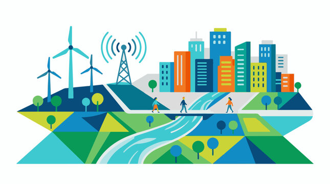 A vibrant cityscape with wind turbines, a river, and people walking on a path