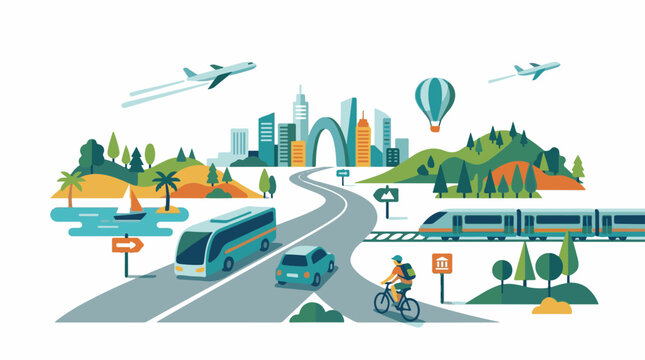 A vibrant cityscape with various transportation modes