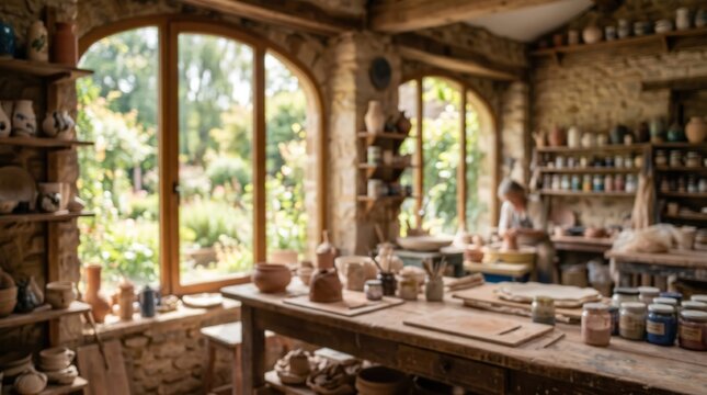 Pottery studio workshop interior rustic stone walls ceramics clay artisanal bright natural light garden view craft workspace