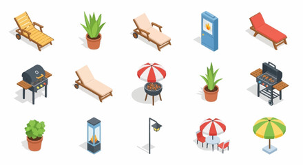 Collection of isometric outdoor furniture and accessories for relaxation and leisure. © agussssss