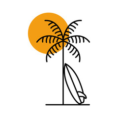 Logo club de surf. Vacaciones de verano. Dibujo minimalista con líneas de una tabla de surf apoyada en una palmera, con el sol en el cielo  © teracreonte