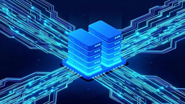 Blue server towers with circuit connections