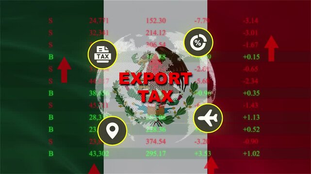 Export Tax on Mexico: A visual representation of export tax with the Mexican flag as a backdrop, featuring financial data and icons symbolizing trade and travel.