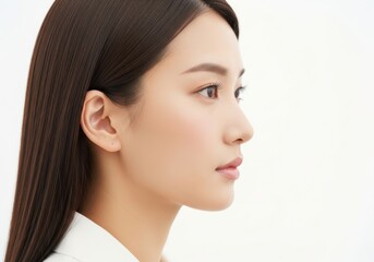 Fototapeta premium Young woman with ponytail looking up thoughtfully