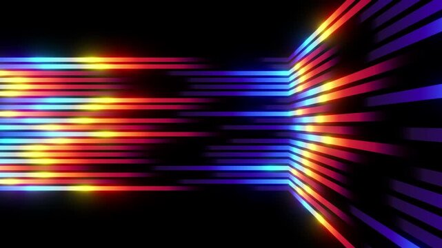 3D neon lines abstract background loop. Glowing stripes with corner wall perspective effect.
