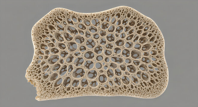 Microscopic view of human bone tissue structure, detailed cellular network, medical science illustration
