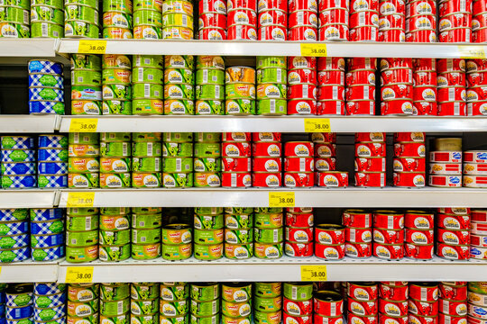 Hurghada, Egypt &ndash; february 25, 2026: raw canned tuna in cans on supermarket shelves