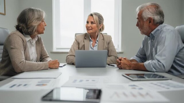 Medium shot of a financial advisor explaining inflationhedged investment options to a retired with main focus on the advisor and blurred documents in the foreground