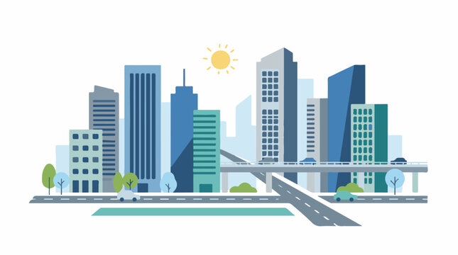 A vibrant cityscape with modern skyscrapers, roads, and a sunny sky