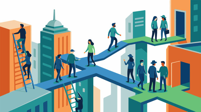 A vibrant cityscape with people navigating through a maze of pathways and buildings