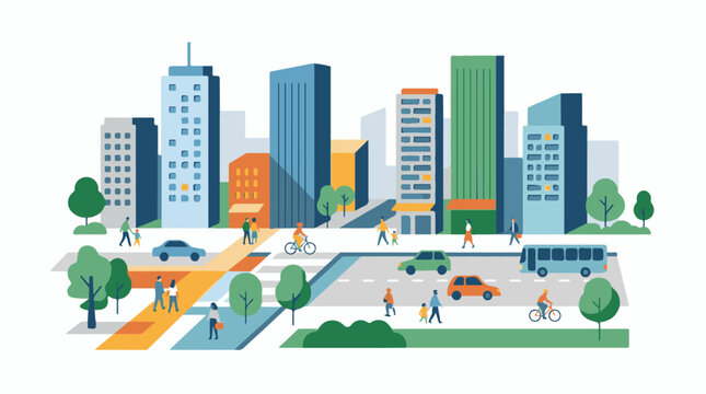 A vibrant cityscape with diverse buildings, people, and vehicles