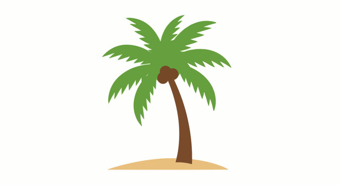 A cartoon palm tree with coconuts stands tall on a sandy patch against a white background