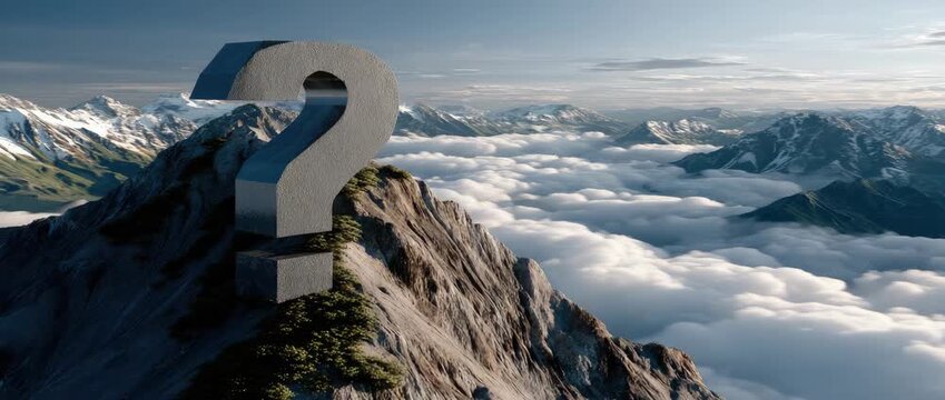 Exploration of a mountain landscape with a large question mark structure on top among clouds and towering peaks in the background