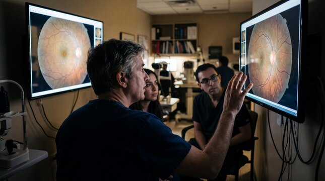 Ophthalmologist pointing to retinal scan on monitor during medical diagnosis.