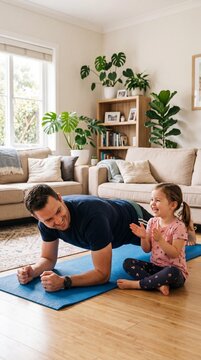 Smiling father doing plank exercise with his little daughter cheering at home.
