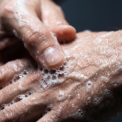Fototapeta premium Macro shot of soapy hands washing with foam and water droplets for hygiene.