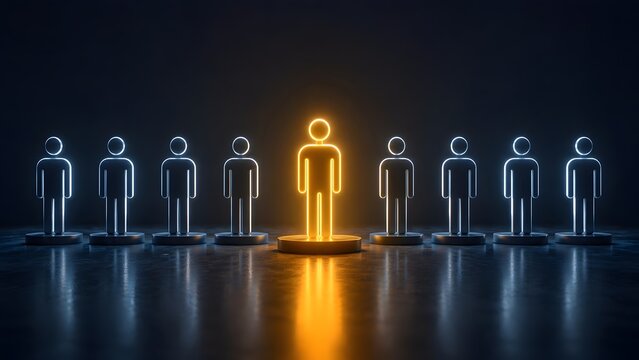 Talent acquisition and leadership concept featuring a standout glowing golden figure among a row representing competitive advantage.