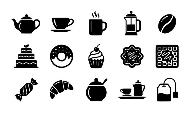 Black Solid Tea Coffee and Pastry Icons Collection Caf&eacute; Dessert Silhouette Vector Illustration