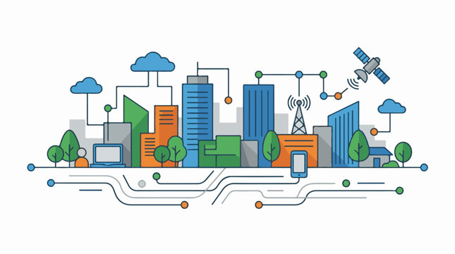 A vibrant cityscape with buildings, trees, and technology