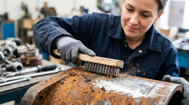 Close up of a female worker cleaning a rusty metal pipe with a wire brush. Smiling woman in protective gloves scrubbing steel in a workshop. Industrial maintenance and metalwork