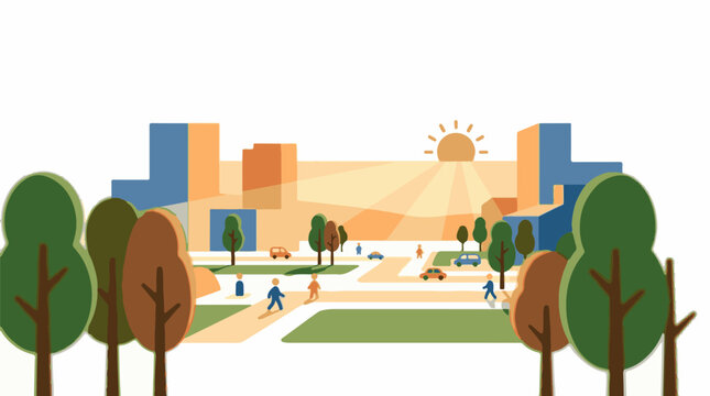 A vibrant cityscape with buildings, trees, and people