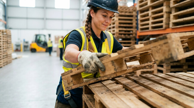 Female warehouse worker stacking empty wooden pallets. Woman wearing a hard hat and high visibility vest lifting heavy materials. Logistics and distribution center operations