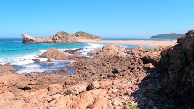View of The Island and sandy tombolo on Robberg hiking trail in Plettenberg Bay