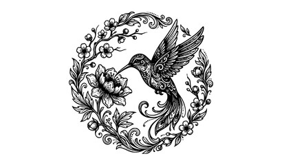 Fototapeta premium Hummingbird with Asian floral wreath line art vector set isolated on white