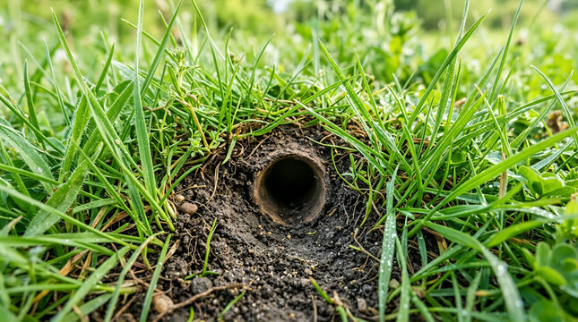 Close up of a circular vole tunnel entrance in dark soil. Underground animal burrow surrounded by green grass