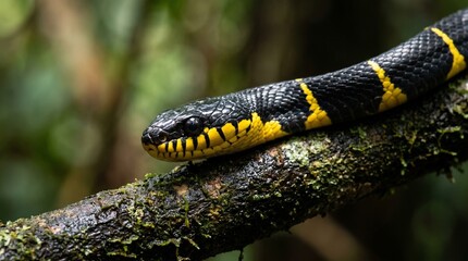 Obraz premium Close-up of a yellow-banded snake on a mossy tree branch in rainforest