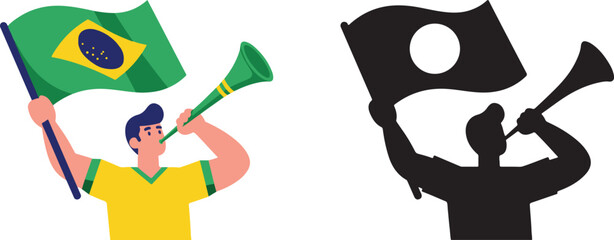 A man in a yellow shirt waves the Brazilian flag and blows a vuvuzela horn. © Gfx