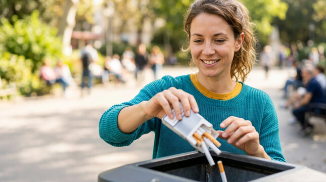 Smiling woman throwing a pack of cigarettes into a trash bin. Happy female quitting smoking in a park