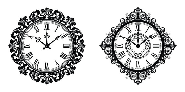 Decorative wall clocks with roman numerals and ornate frames vector illustration design set model.
