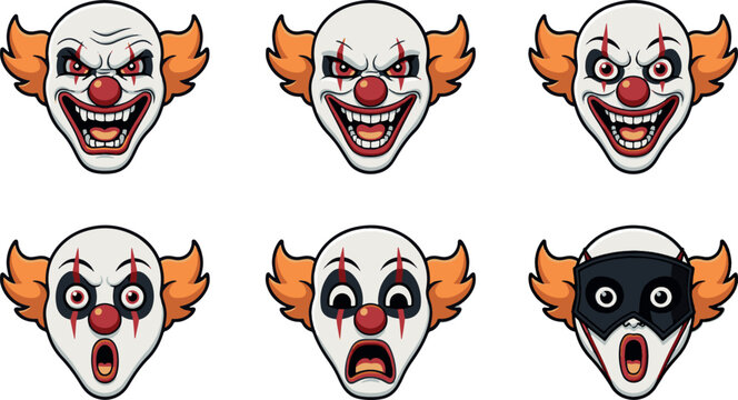 Six creepy clown head illustrations with various menacing expressions. Ideal for Halloween designs and gaming mascots.