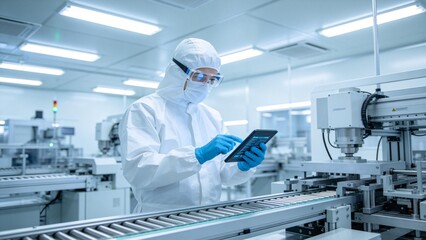 Naklejka premium Person in protective suit working with tablet in factory