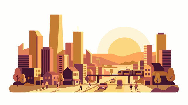 A vibrant cityscape at sunset with buildings, people, and vehicles