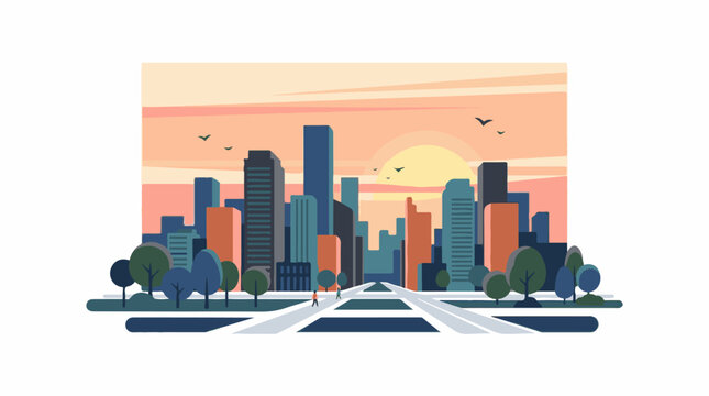 A vibrant cityscape at sunset with a road, trees, and skyscrapers