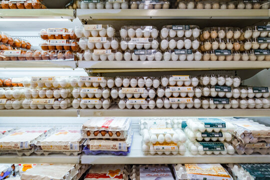 Hurghada, Egypt &ndash; february 27, 2026: fresh chicken eggs in packages on supermarket shelves