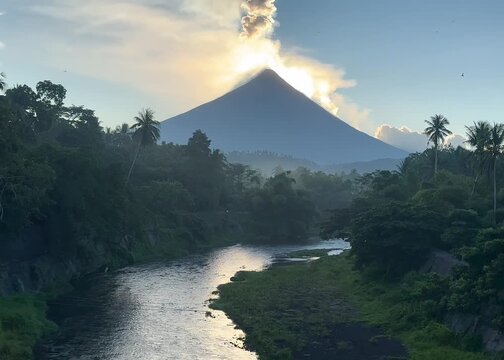 Stunning sunrise silhouette of Mount Mayon volcano with river in Bicol